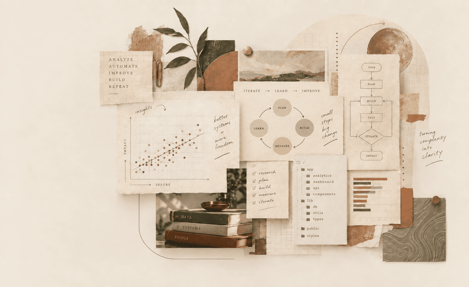 A warm editorial workspace with books, vintage details, and creative tools